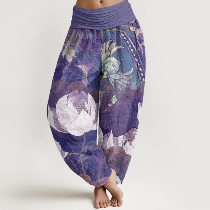 Pantalon Harem Femme Décontracté Taille Élastique en Coton Blanc Motif Feuilles de Lotus Bouddha