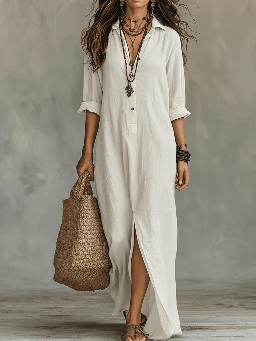Robe Maxi Boutonnée à Col V Flottant Celine™