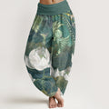Pantalon Harem Femme Décontracté Taille Élastique en Coton Blanc Motif Feuilles de Lotus Bouddha