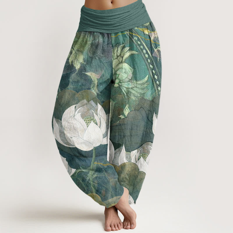 Pantalon Harem Femme Décontracté Taille Élastique en Coton Blanc Motif Feuilles de Lotus Bouddha