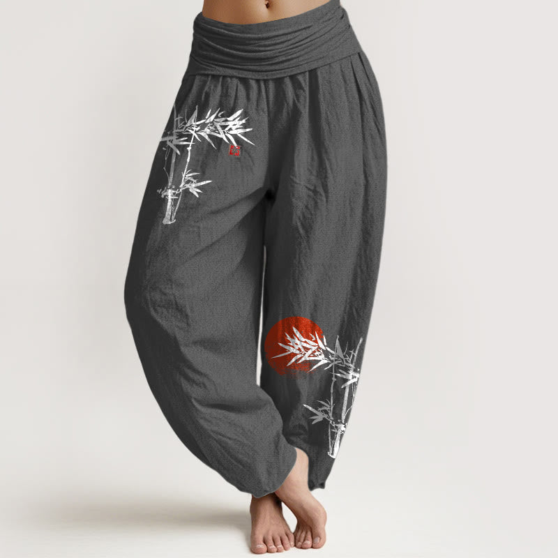 Pantalon Harem Femme en Coton Pur à Taille Élastique, Motif Soleil Rouge, Feuilles de Bambou et Pierres de Bouddha