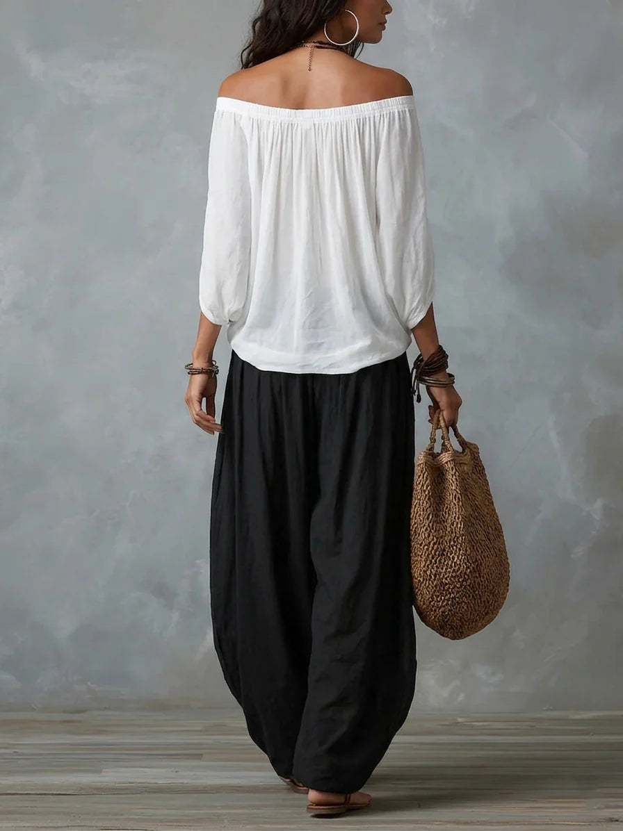 Ensemble haut épaules dénudées et pantalon à manches ballon