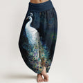 Pantalon sarouel femme taille élastique en coton pur Buddha Stones avec design magnifique de paon