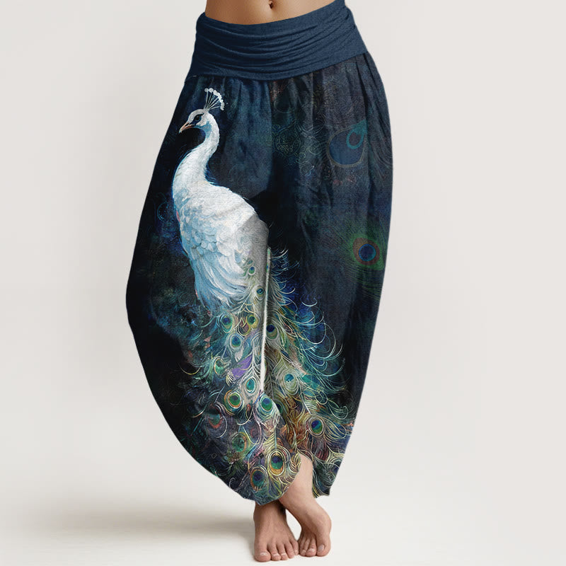 Pantalon sarouel femme taille élastique en coton pur Buddha Stones avec design magnifique de paon