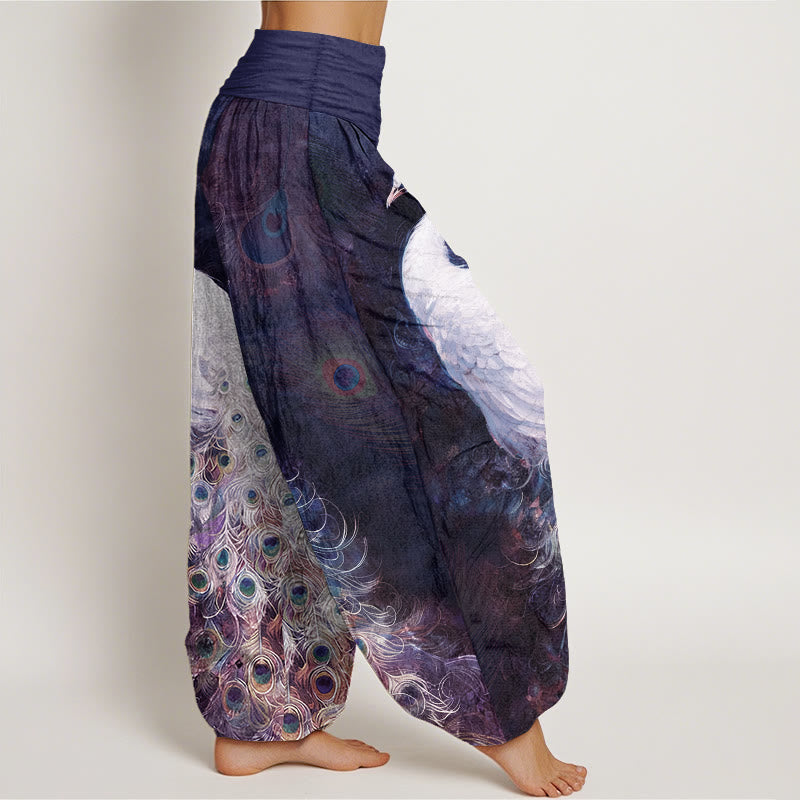 Pantalon sarouel femme taille élastique en coton pur Buddha Stones avec design magnifique de paon