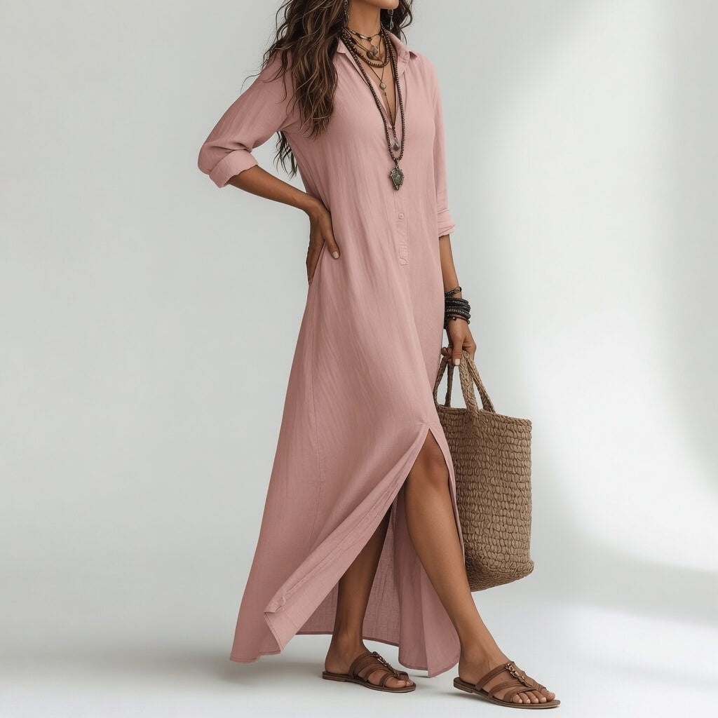 Violaine™ — Robe chemise longue bohème chic naturelle