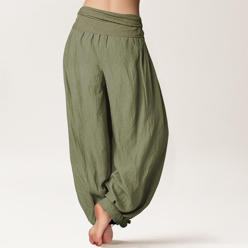 Pantalon bouffant en coton à taille élastique pour femmes Buddha Stones avec motif lotus en fleurs et symbole Om