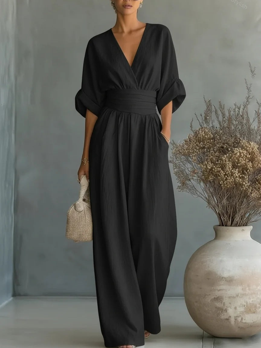 Robe élégante à col en V, manches fluides avec dos nu - Maison Claire et Sylvie