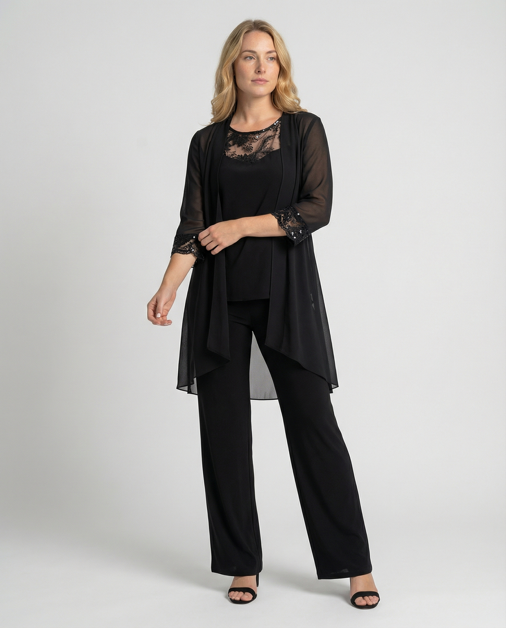 The Jolie — Lace-Trim Duster Set in Onyx