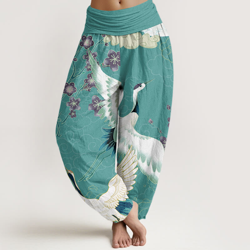 Pantalon sarouel femme en coton Buddha Stones avec motifs grues, fleurs et nuages porte-bonheur, taille élastique