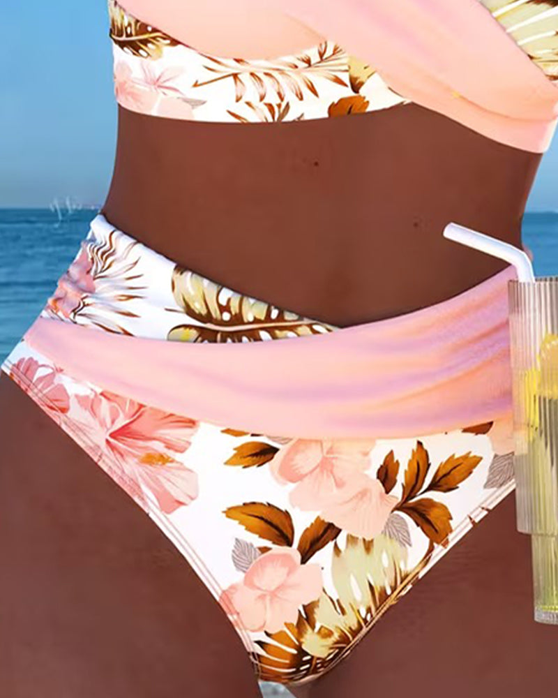 Bikini fendu à motif floral contrastant