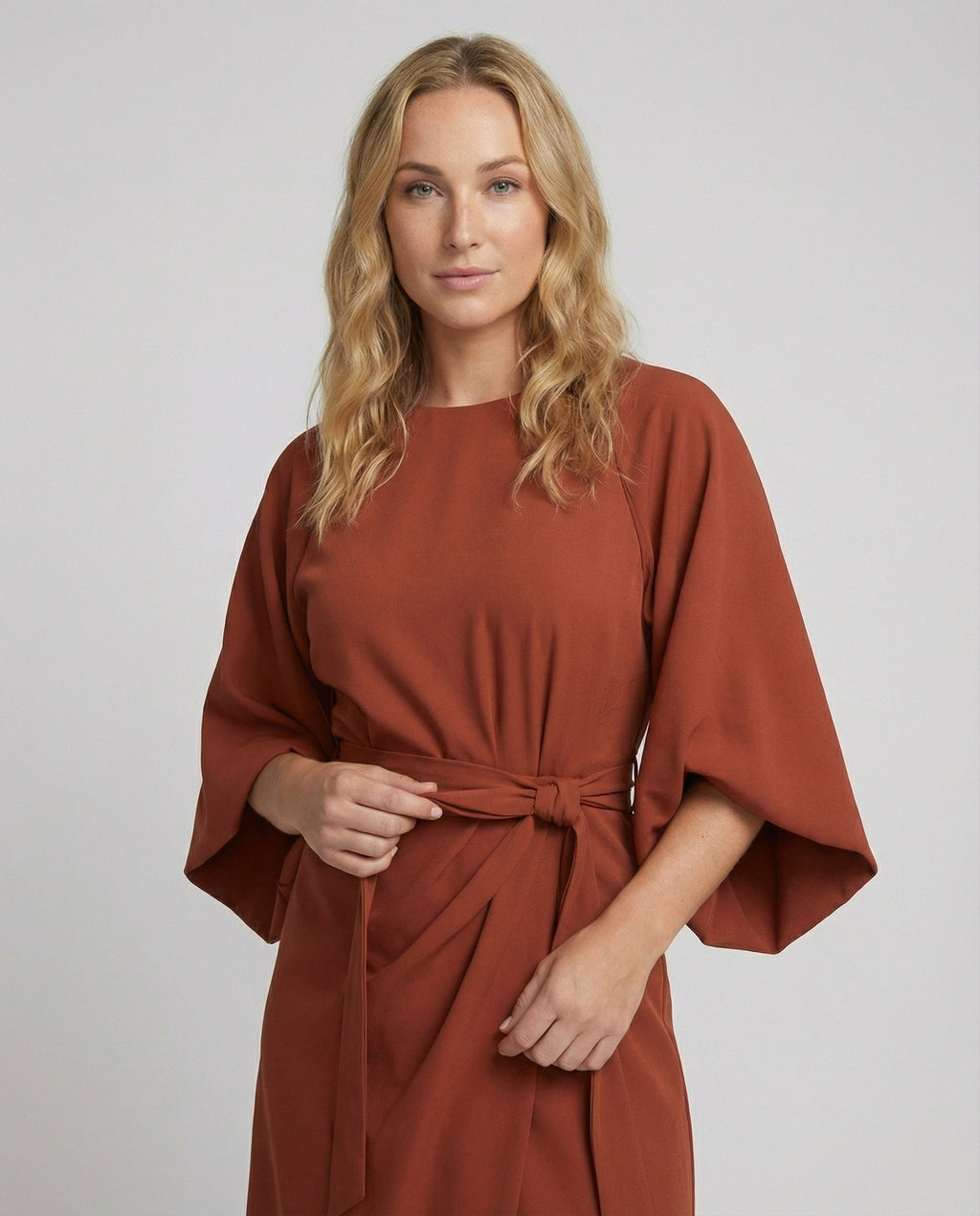 The Esmé — Lantern Sleeve Midi Dress in Rust Brown