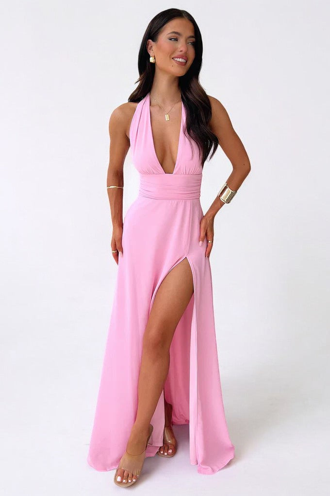 LILLI | Robe maxi tendance à col halter avec une fente haute