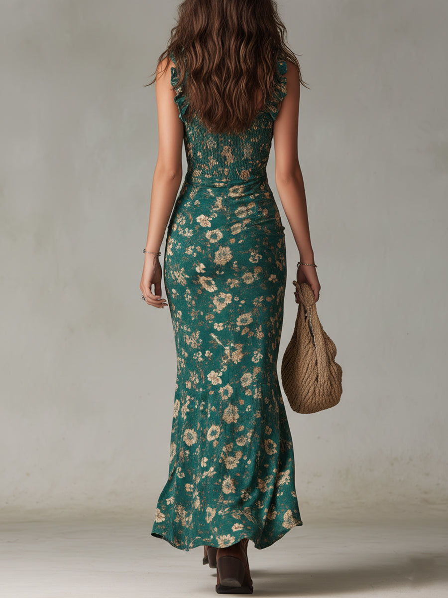 Robe longue bohème rétro en tissu léger avec manches bouffantes et fente élégante