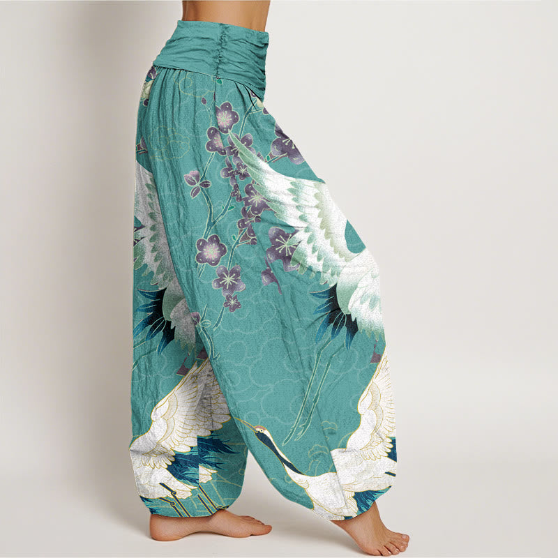 Pantalon sarouel femme en coton Buddha Stones avec motifs grues, fleurs et nuages porte-bonheur, taille élastique