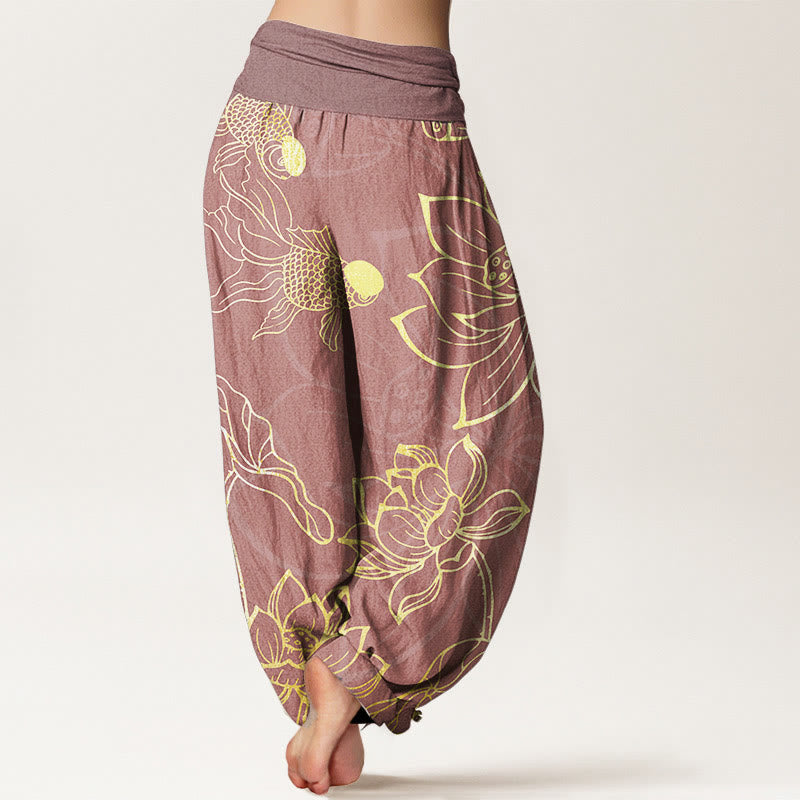 Pantalon Sarouel Femme Poissons Koi Lotus en Coton Pur Buddha Stones avec Taille Élastique
