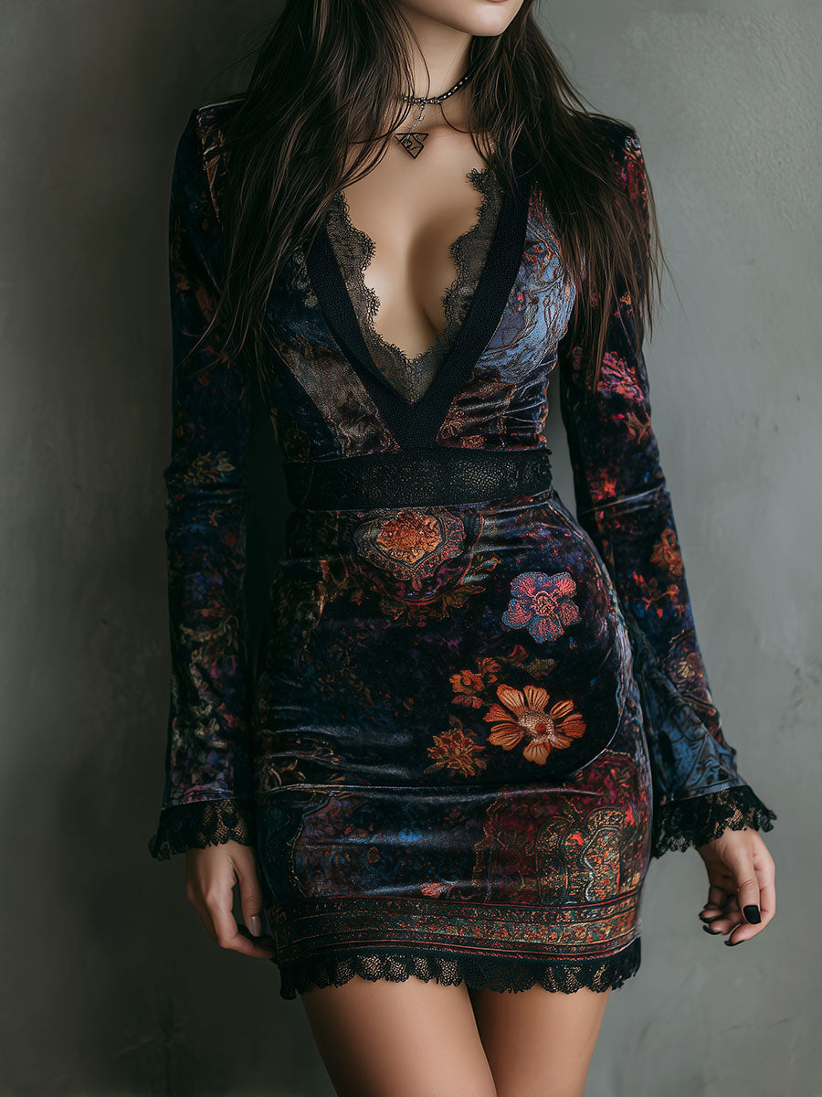 Marisol™ | Robe Mini Velours avec Motif Floral Bohème
