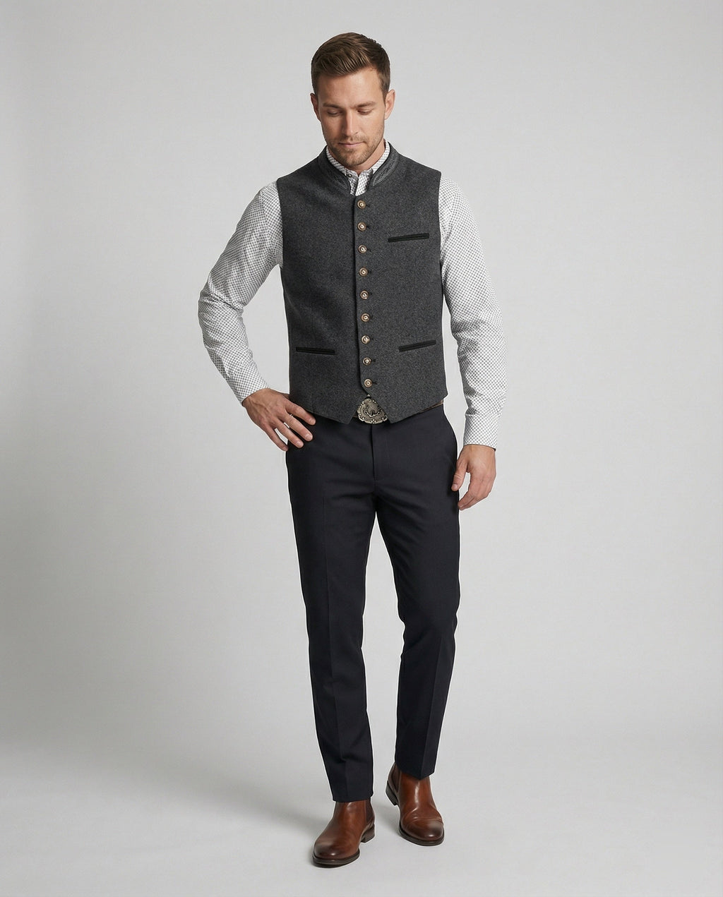 The Einar — Slate Herringbone Trachten Vest