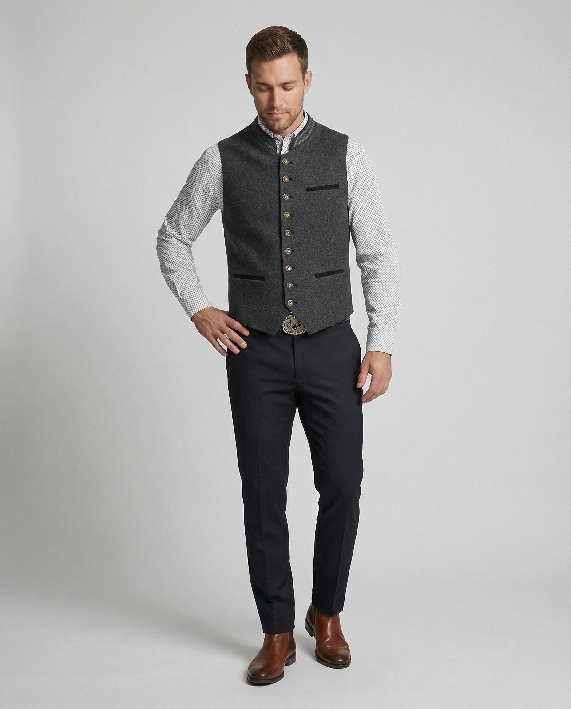 The Einar — Slate Herringbone Trachten Vest