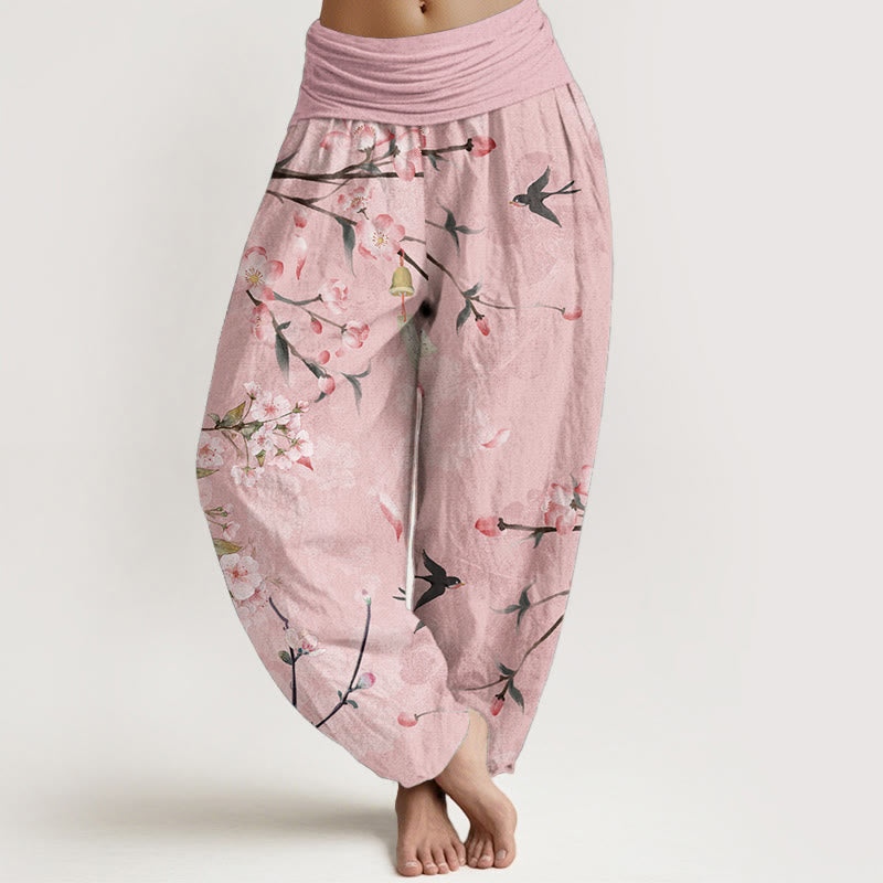 Pantalon sarouel taille élastique femme en coton pur Buddha Stones motif pêchers en fleurs et oies sauvages volantes