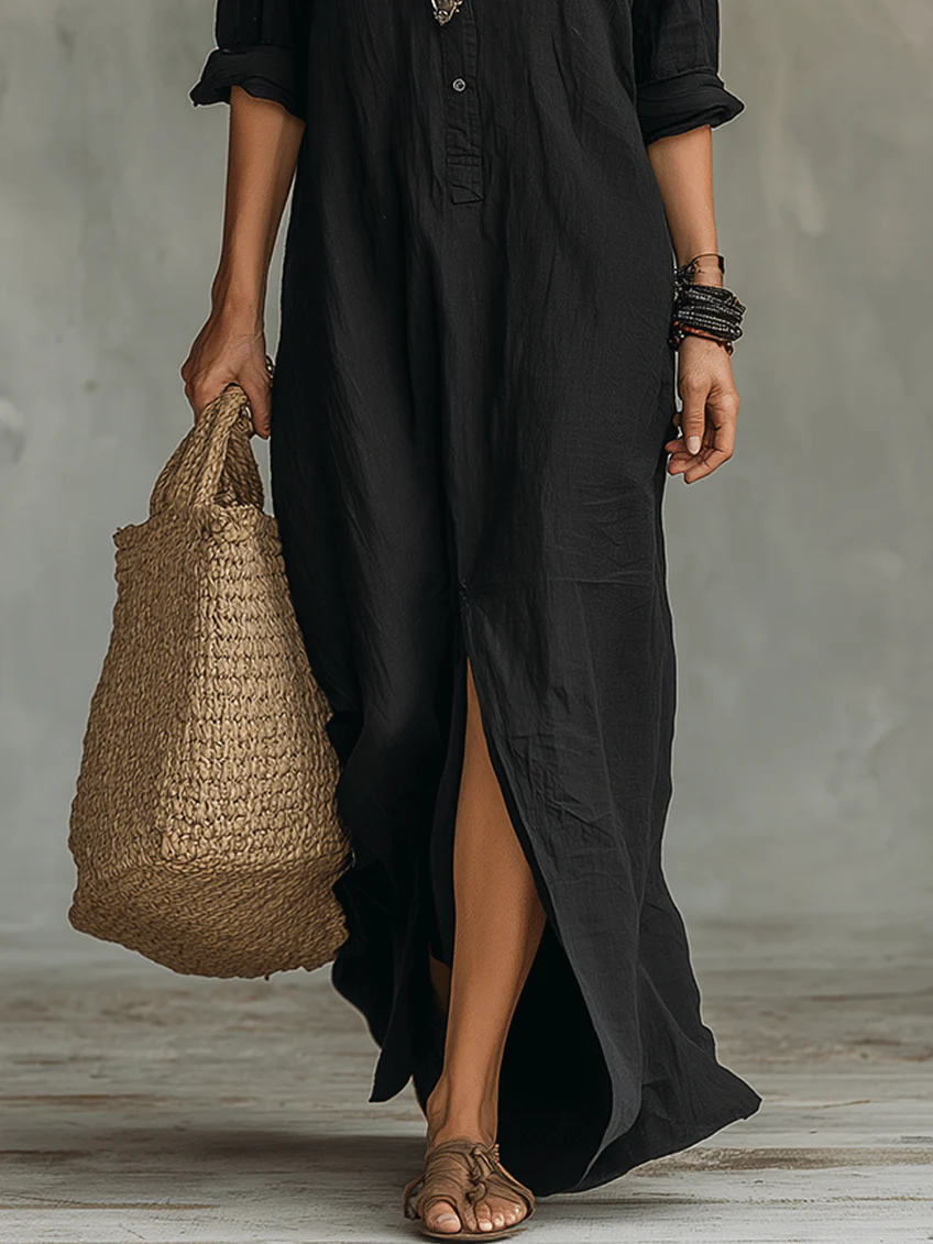 Robe Maxi Boutonnée à Col V Flottant Celine™
