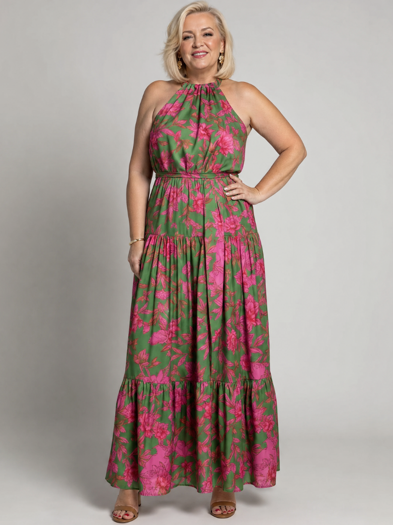 Robe midi rose avec design drapé et encolure halter élégante