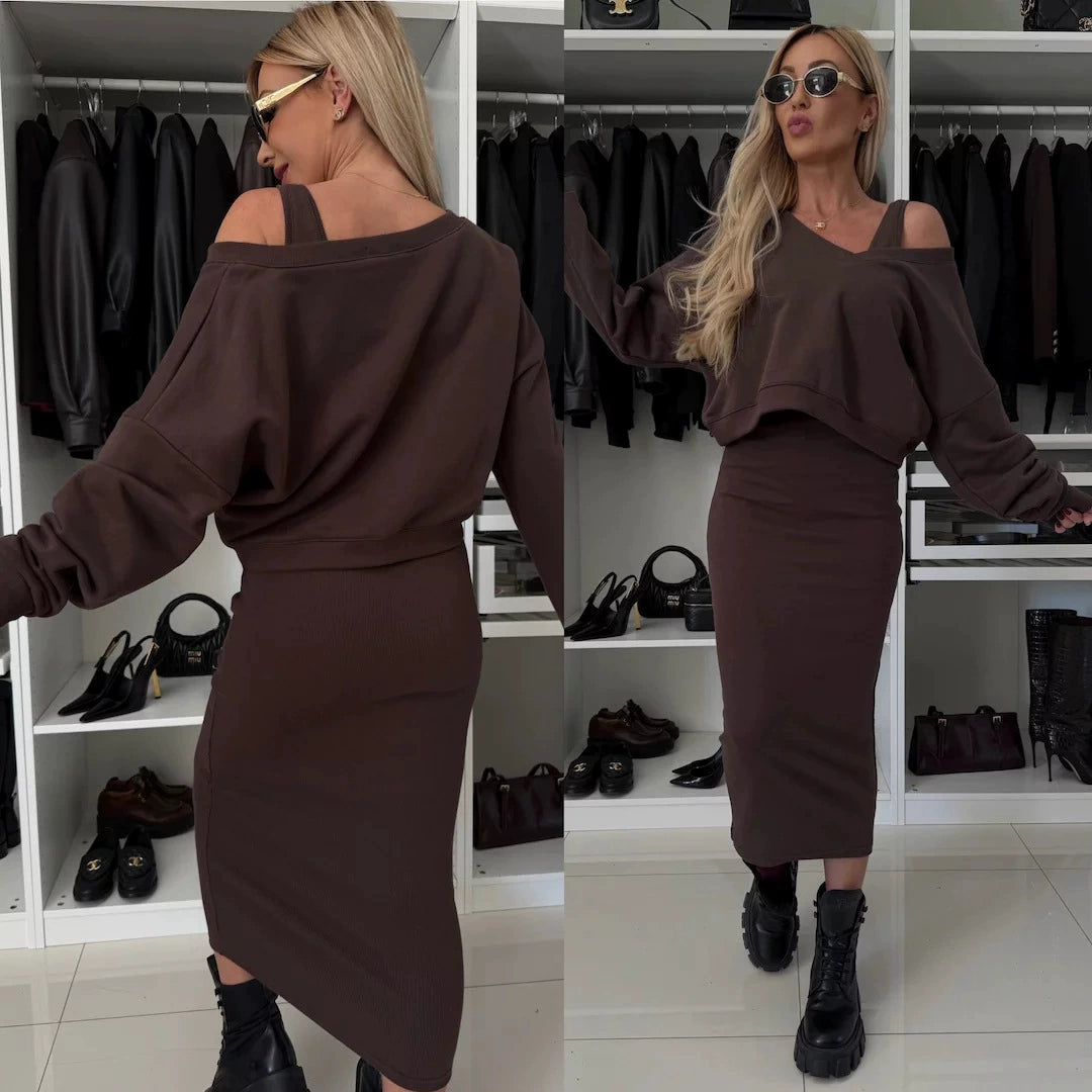The Liora Set — Dune Cold-Shoulder Knit