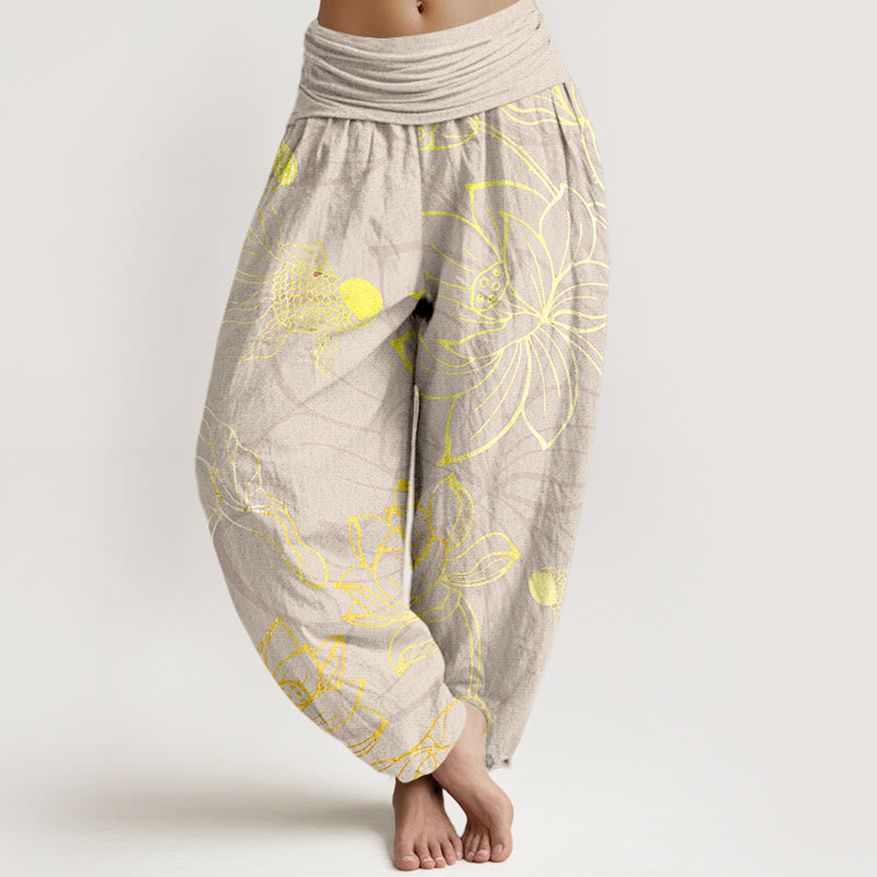 Pantalon Sarouel Femme Poissons Koi Lotus en Coton Pur Buddha Stones avec Taille Élastique