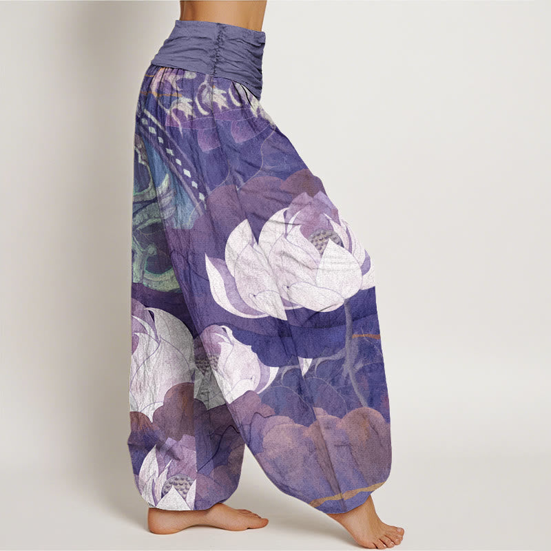 Pantalon Harem Femme Décontracté Taille Élastique en Coton Blanc Motif Feuilles de Lotus Bouddha