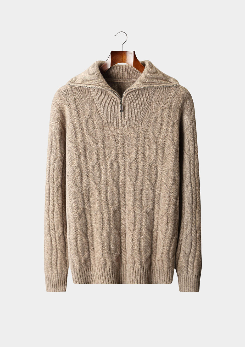 PULL BEIGE EN CACHEMIRE PUR À DEMI-FERMETURE ÉCLAIR À CÔTES TORSADÉES