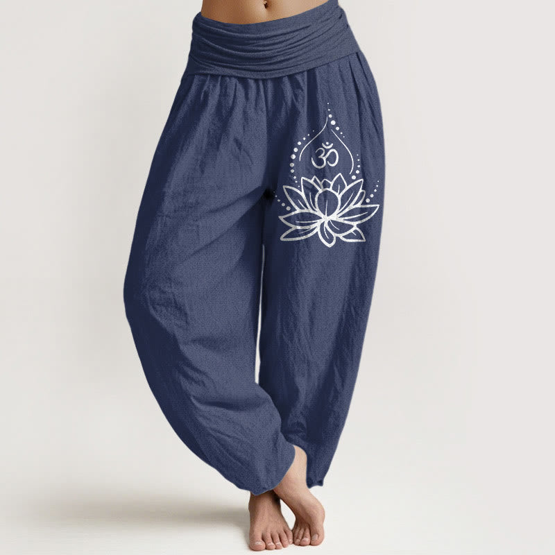 Pantalon bouffant en coton à taille élastique pour femmes Buddha Stones avec motif lotus en fleurs et symbole Om