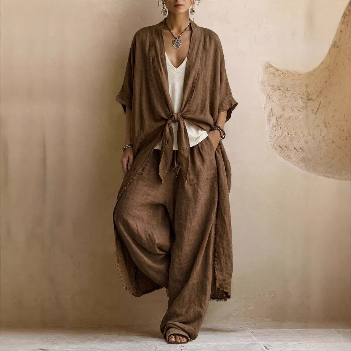 Ensemble deux pièces kimono en lin oversize et pantalon à jambes larges