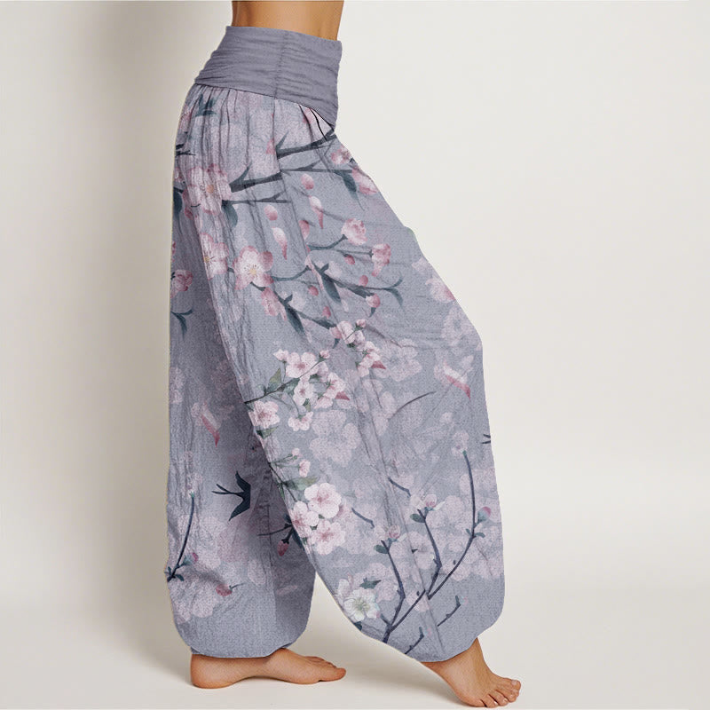 Pantalon sarouel taille élastique femme en coton pur Buddha Stones motif pêchers en fleurs et oies sauvages volantes