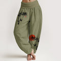 Pantalon Harem Femme en Coton Pur à Taille Élastique, Motif Soleil Rouge, Feuilles de Bambou et Pierres de Bouddha