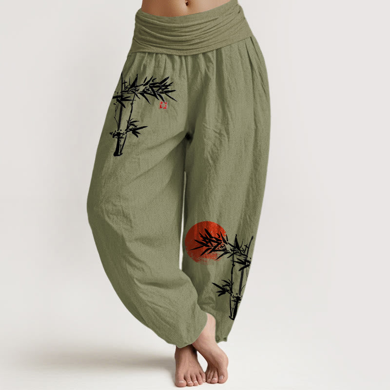 Pantalon Harem Femme en Coton Pur à Taille Élastique, Motif Soleil Rouge, Feuilles de Bambou et Pierres de Bouddha