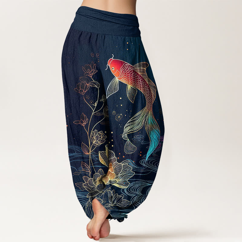 Pantalon Sarouel Femme Taille Élastique Coton Pur Design Poisson Koi Lotus Pierres Bouddha