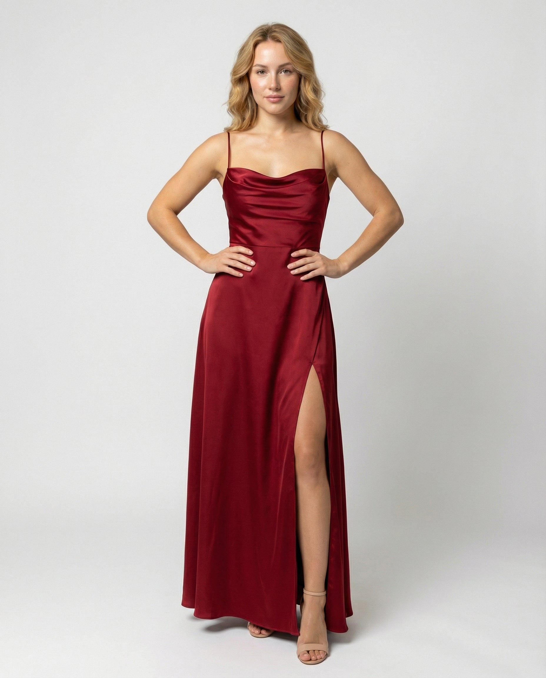 The Elara — Crimson Satin Maxi Dress