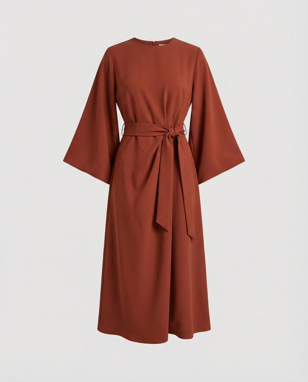 The Esmé — Lantern Sleeve Midi Dress in Rust Brown