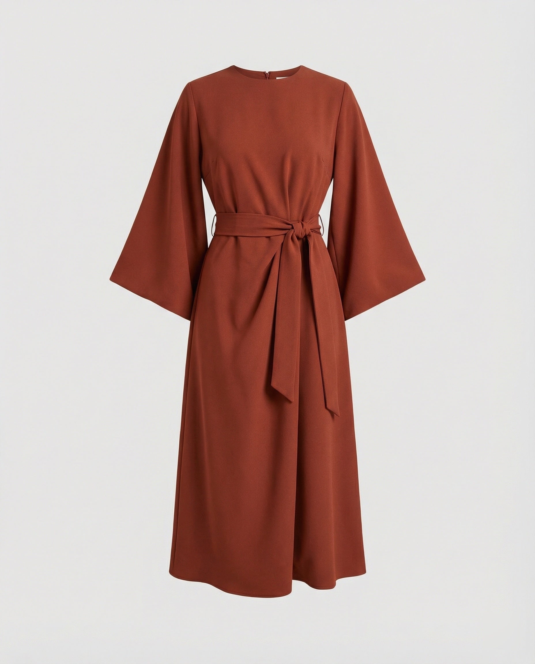 The Esmé — Lantern Sleeve Midi Dress in Rust Brown