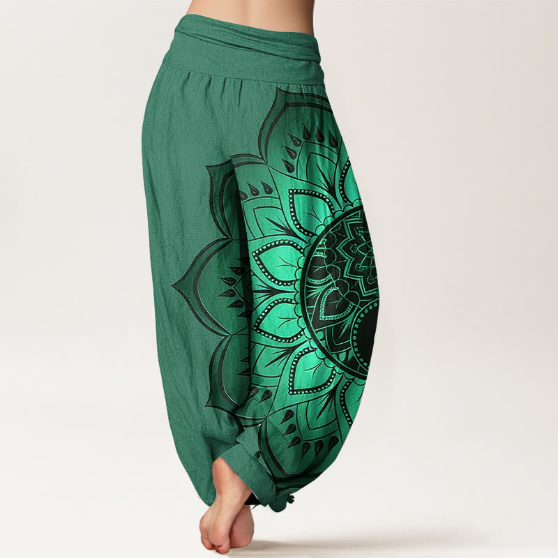Pantalon Harem Femme Taille Élastique en Coton avec Motif Mandala Symétrique Pierre de Bouddha