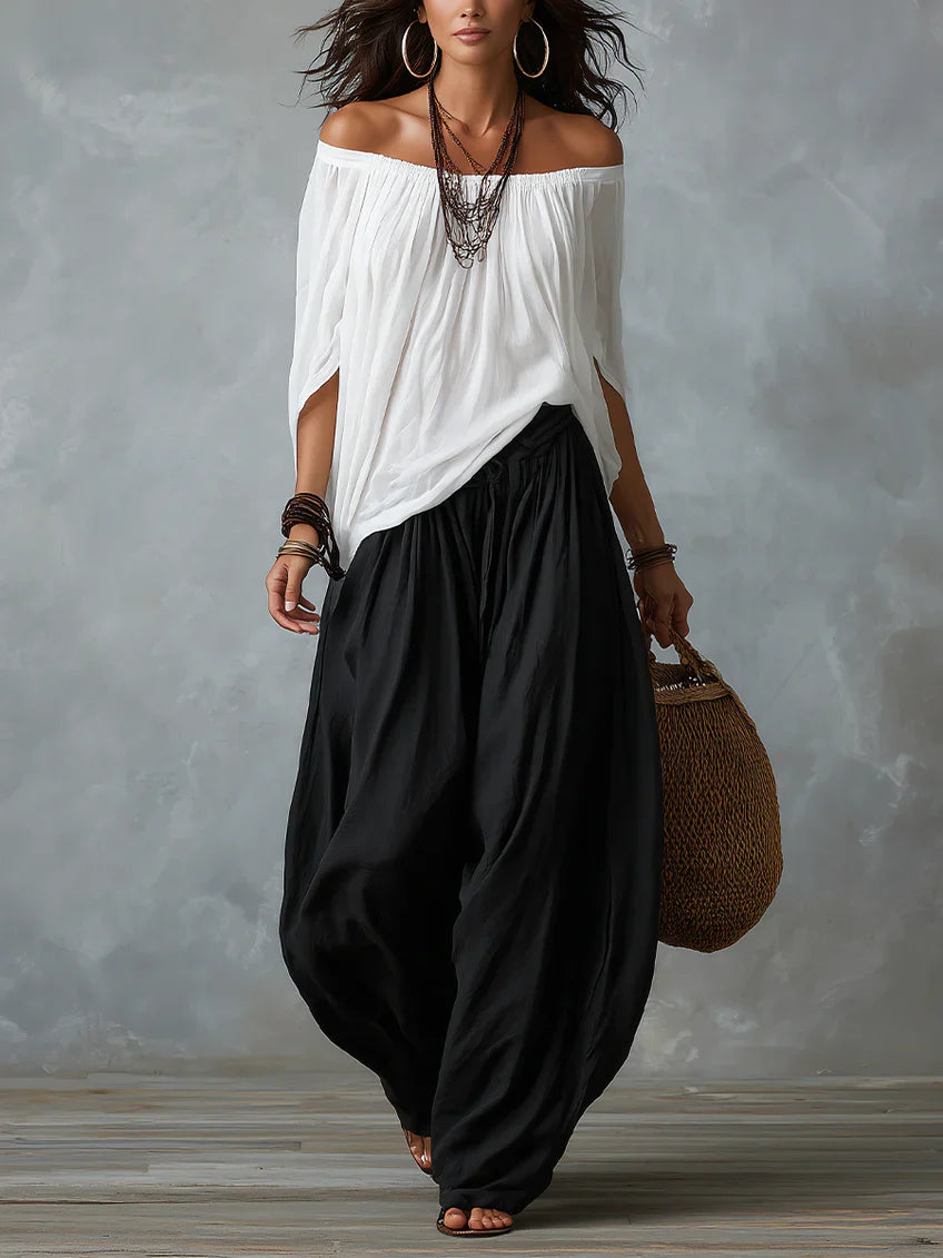 Ensemble top épaules dénudées et pantalons à manches ballon