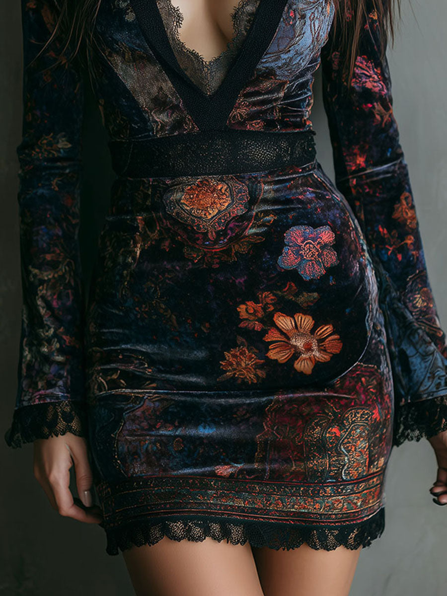 Marisol™ | Robe Mini Velours avec Motif Floral Bohème