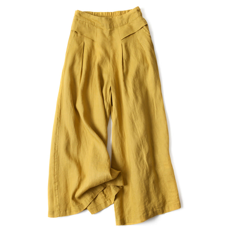 Pantalon large taille haute en coton et lin couleur unie Buddha Stones avec poches
