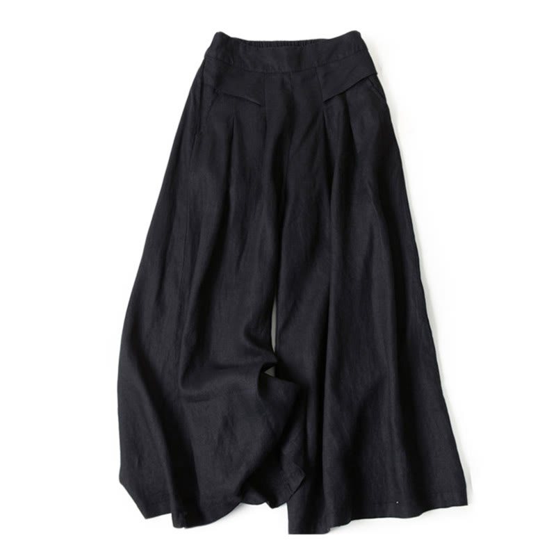 Pantalon large taille haute en coton et lin couleur unie Buddha Stones avec poches