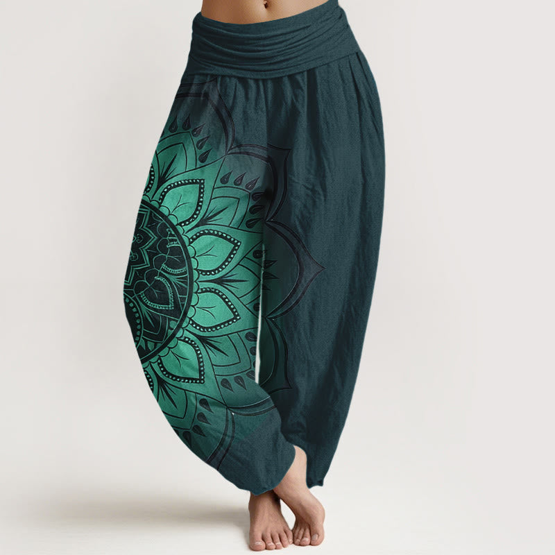 Pantalon Harem Femme Taille Élastique en Coton avec Motif Mandala Symétrique Pierre de Bouddha