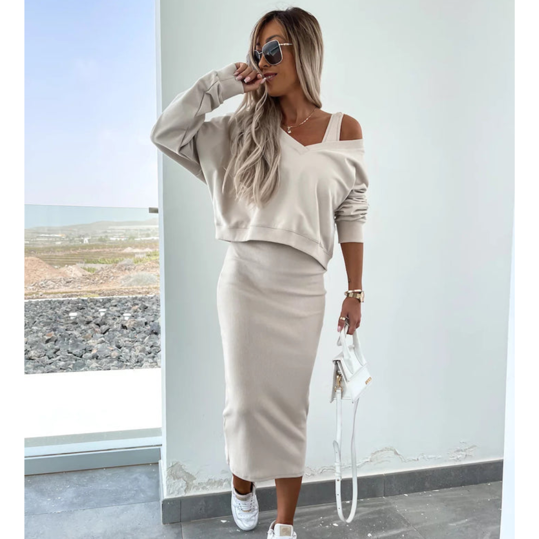 The Liora Set — Dune Cold-Shoulder Knit