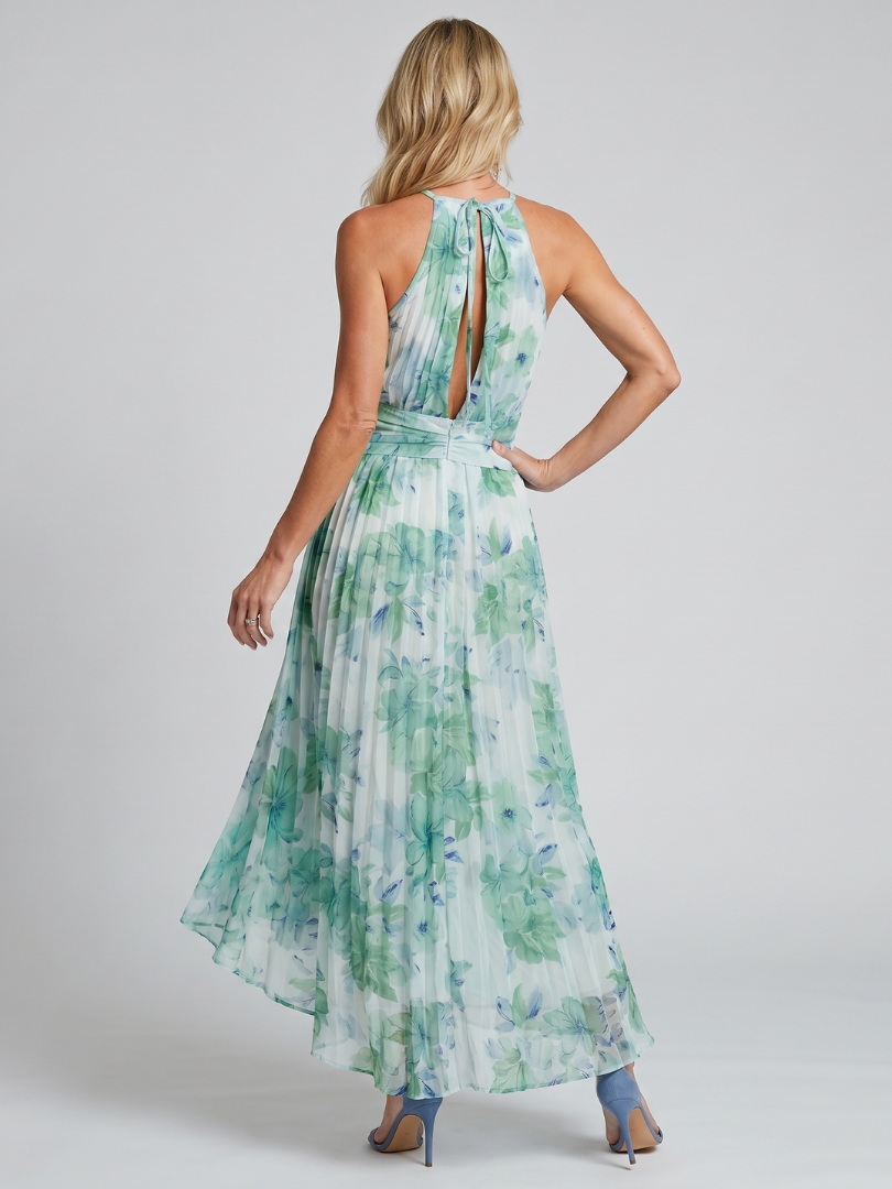 Robe Midi Portia en Crêpe Plissé avec Imprimé Floral et Col Halter
