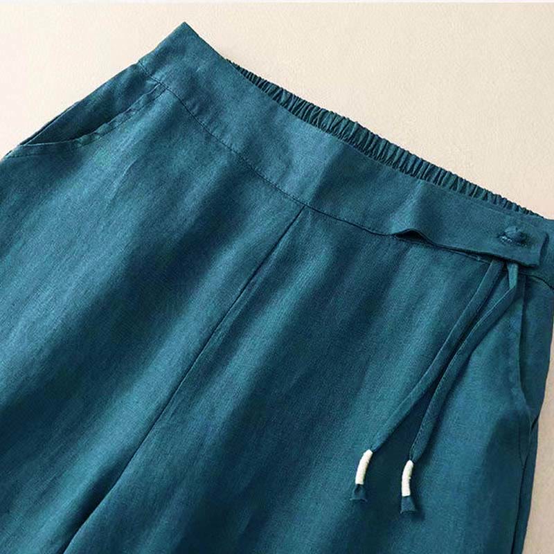 Pantalon Capri Large Femme Bouton Unique Couleur Unie Buddha Stones avec Poches
