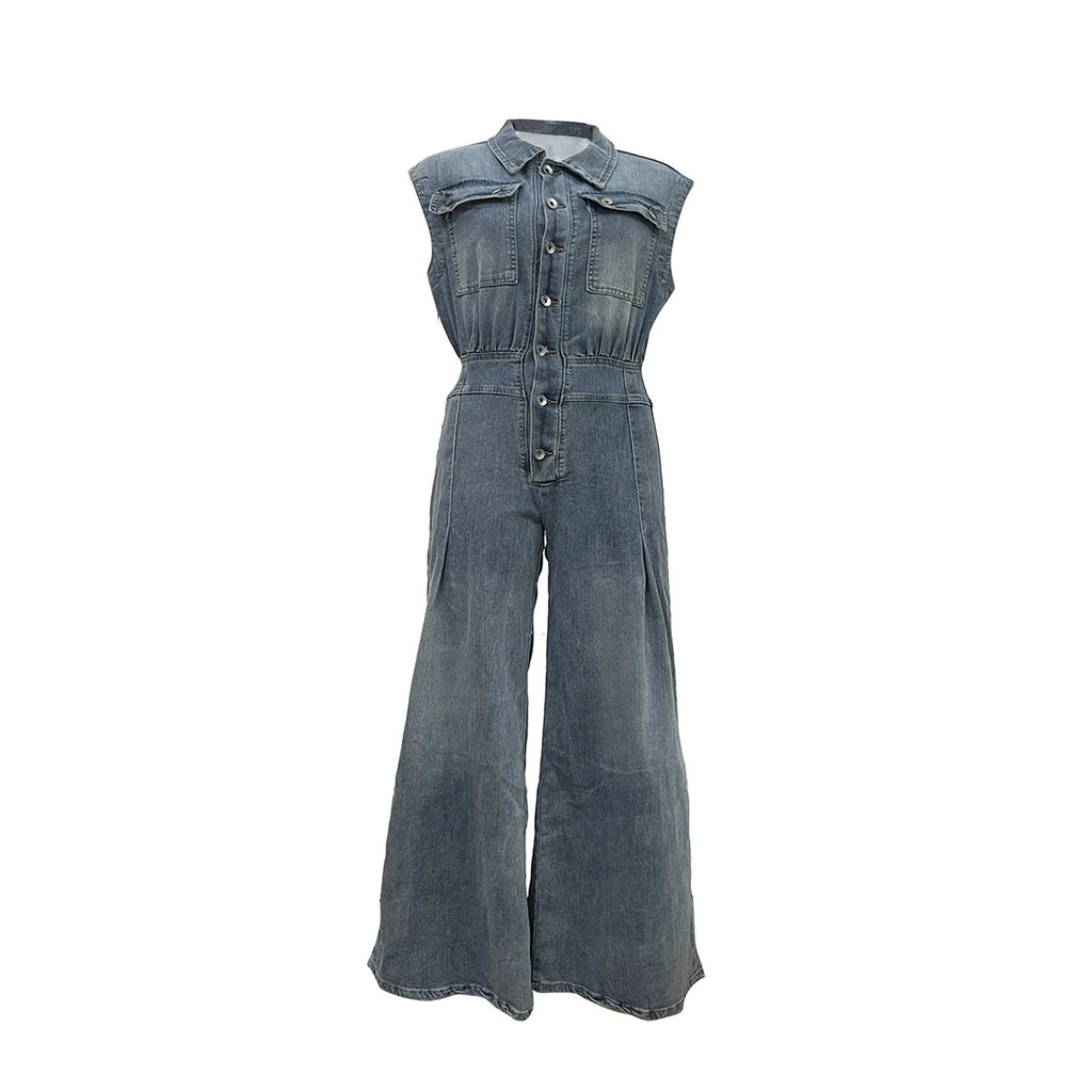 Stella | Combinaison en jean avec jambes larges et taille cintrée