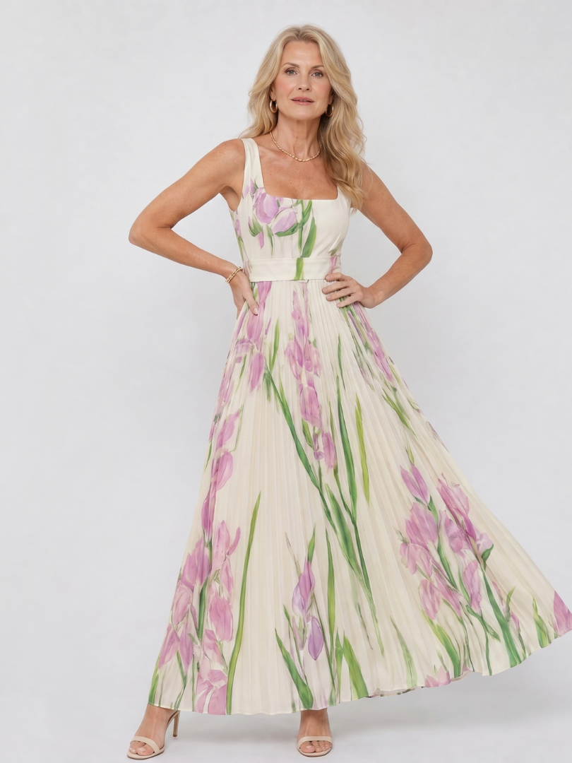 Robe midi sans manches en satin avec encolure carrée et plis élégants